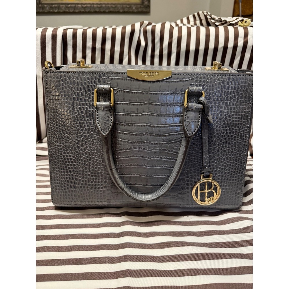 Henri Bendel Grey Crocodile Embossed Leather Satchel Handbag Gold Hardware